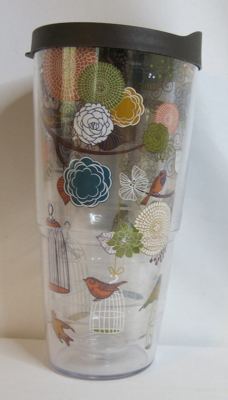 TERVIS Tumbler Floral Birdcages with Lid 24 oz Brown Blue Water Cup Travel Retro